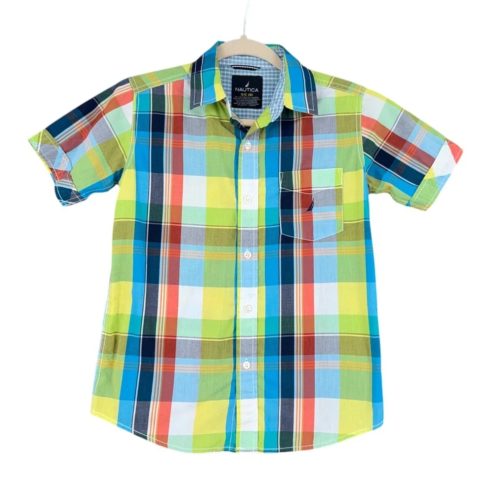 Nautica Boys Size‎ 8 Multicolor Plaid Short Sleeve Button Down Shirt Preppy